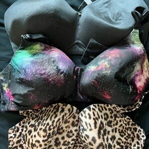 Lot of 3  Black and Leopard and Multicolor Galaxy Print Bras